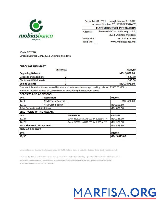 Realistic Moldova Mobiasbanca bank statement excel sample